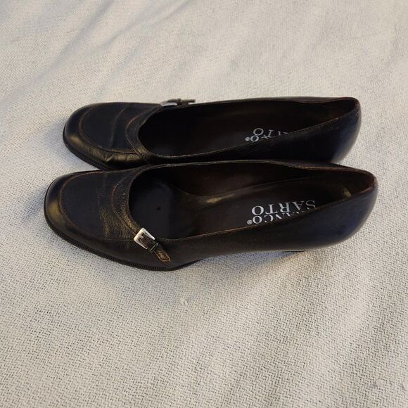 Franco Sarto Brown Brazil Distressed Mottled Leather Heels 8 M Buckle Academia - Picture 2 of 5